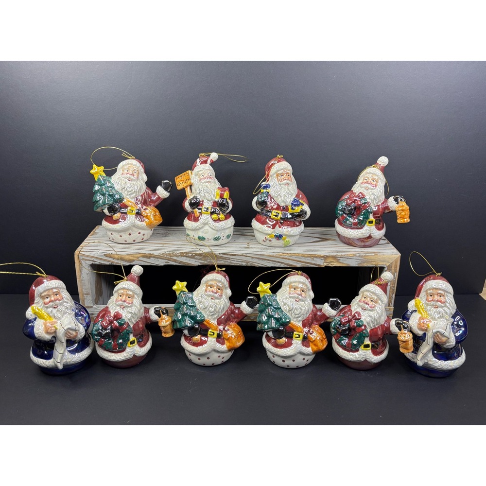 Set of 10 Ceramic Santa Claus Christmas Ornaments Lustre Glaze JDI Tacoma